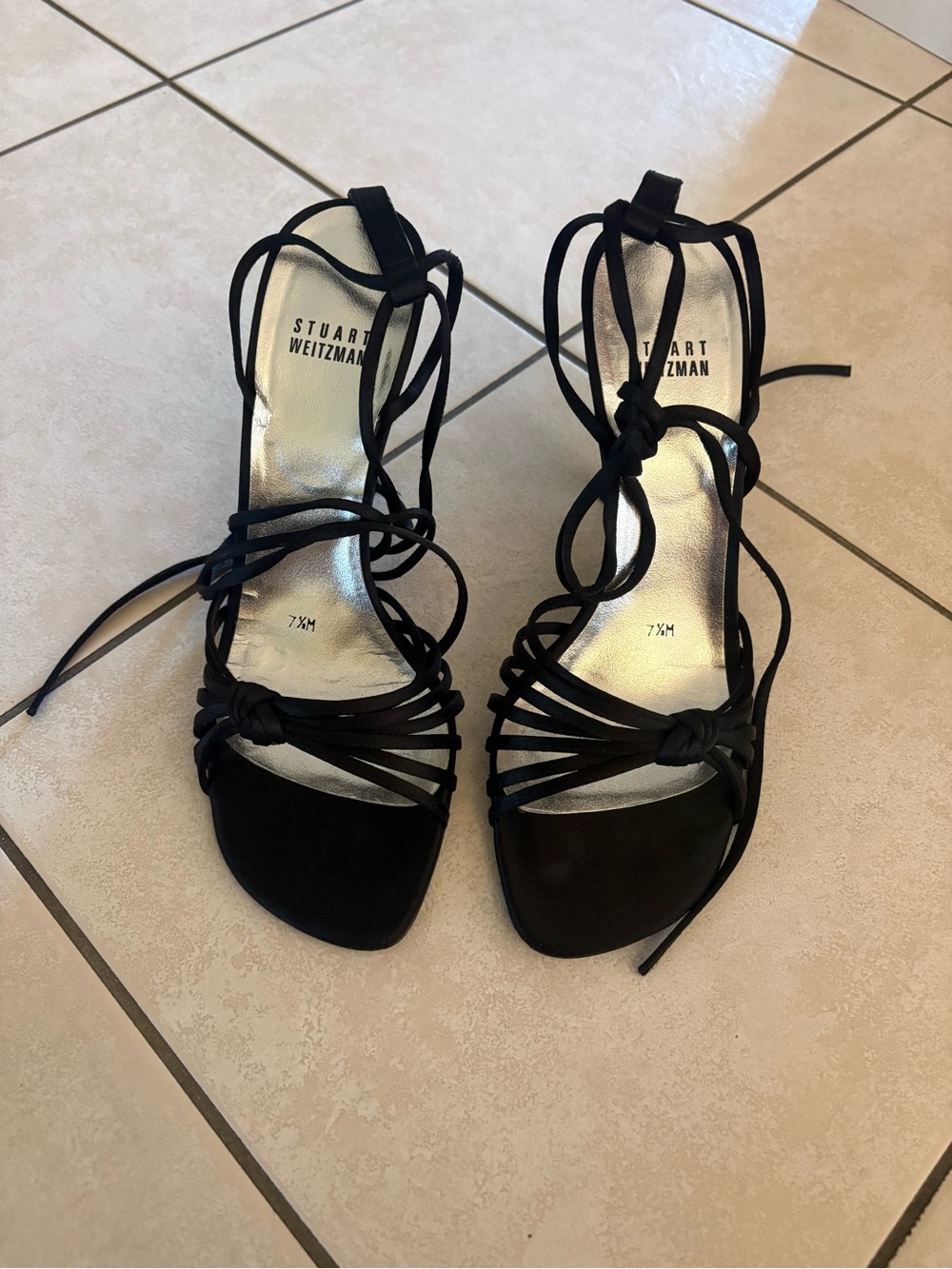 Stuart Weitzman Black Lace-Up Strappy High-Heel Sandals